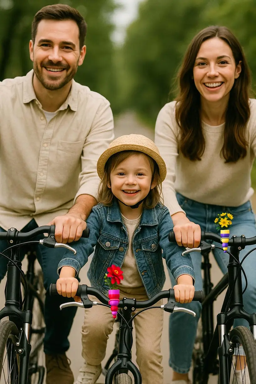 Happy family with decorated bikes