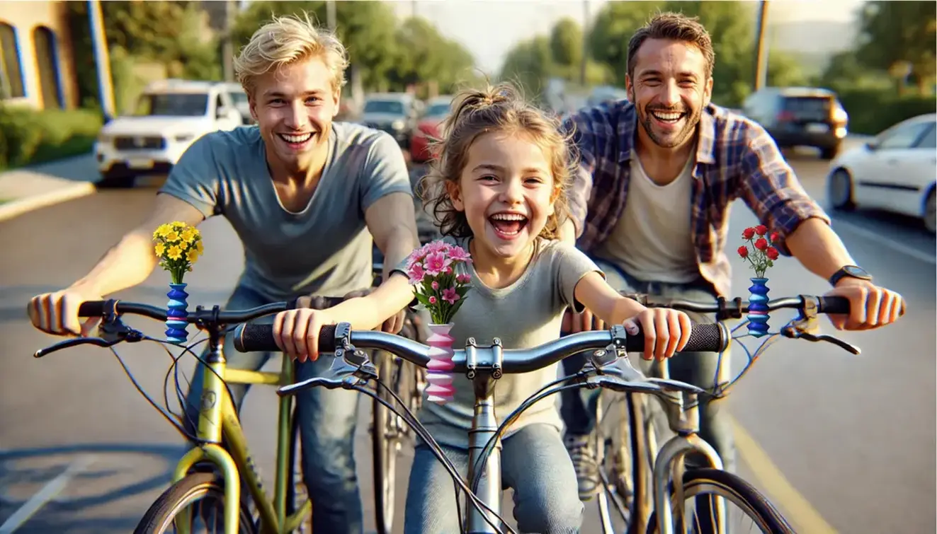 Family riding bikes with vases