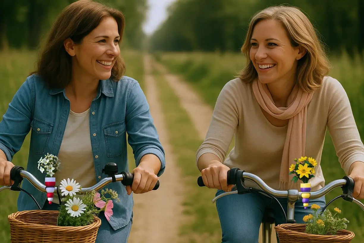Femme élégante à vélo avec un vase fleuri sur le guidon, style de vie urbain chic