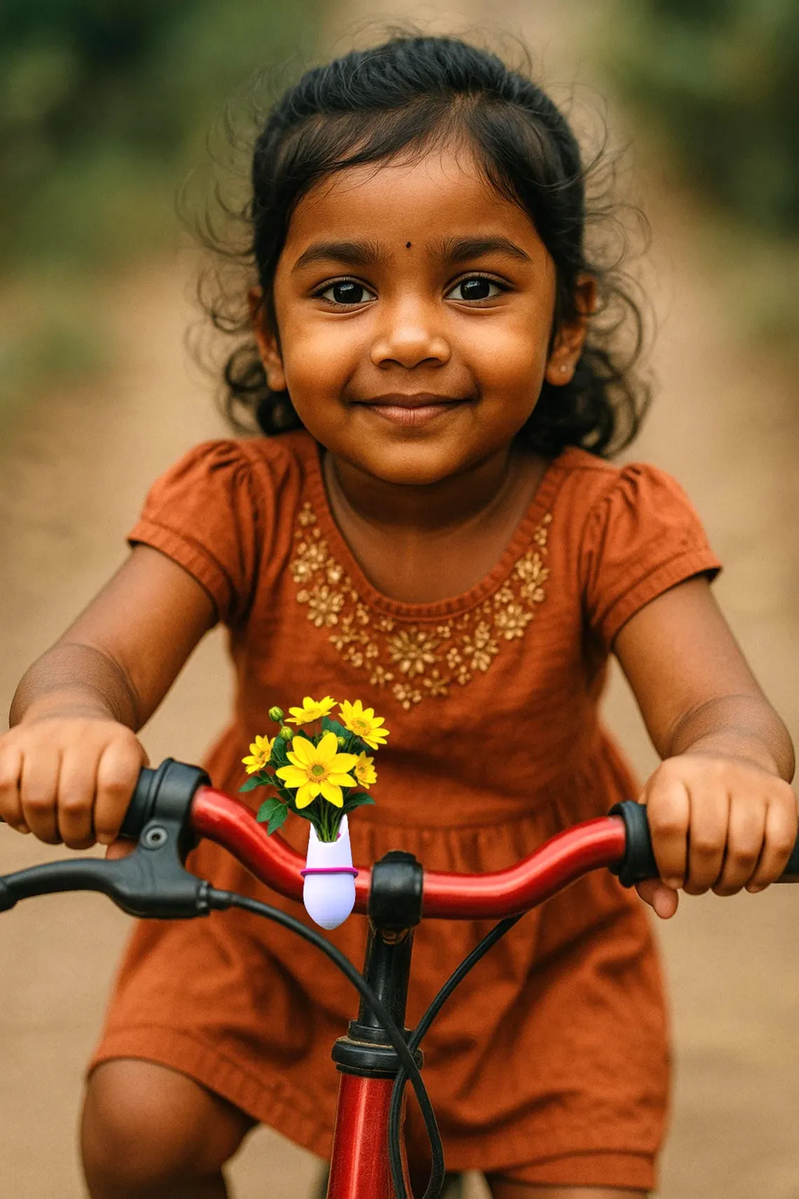 Bicycle vase with flowers in a scenic landscape