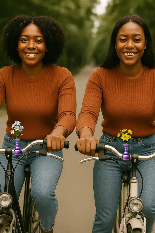 E-Bike Fahrerin mit einem schönen Wichtelgeschenk am Lenker: die Fahrradvase