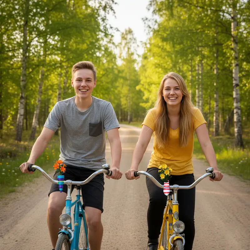 Pyöräilijä nauttii Suomen kesästä, pyörämaljakko ohjaustangossa
